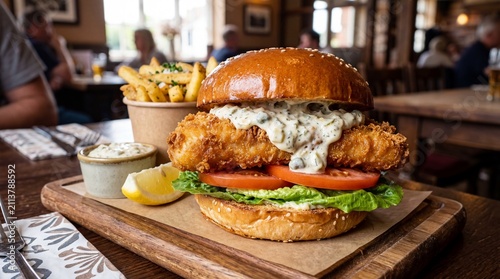 Fish burger with tartar sauce, lettuce, tomatoes, and fries at a pub