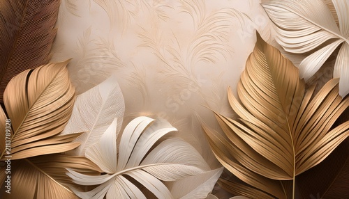elegant beige and taupe tropical leaves on a textured background