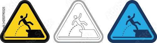 Set of fall hazard signs with warning symbols for edge danger and restricted access area.