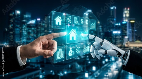 Human and robot collaboration in real estate technology featuring futuristic digital media elements and cityscape background.