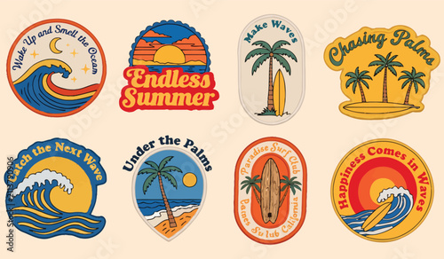 Obraz na płótnie Retro surfing patches with palm trees and ocean waves during golden hour for sum