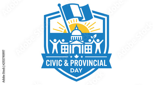 Obraz na plátně Civic And Provincial Day Emblem Vector Illustration With Flag And Building
