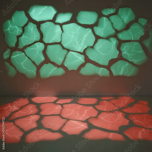 A vibrant abstract design featuring fragmented shapes in green and red, creating a visually striking effect, Ideal for backgrounds, promotional materials, or artistic projects,