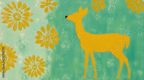 A vibrant illustration features a yellow deer against a teal background adorned with floral motifs, perfect for nature-themed projects, children's decor, or artistic designs,