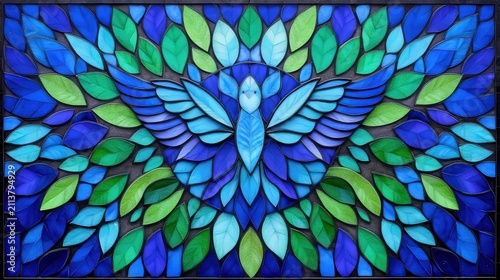 A vibrant stained glass artwork features a symmetrical design of a bird surrounded by lush leaves in blue and green hues, Ideal for decor, websites, or creative projects,