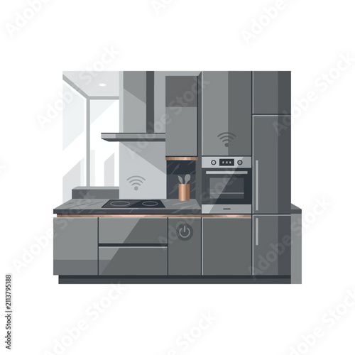 Modern dark grey kitchen interior with smart appliances.