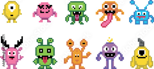 Cute pixel art alien monster character set, colorful 8bit game enemy creatures vector