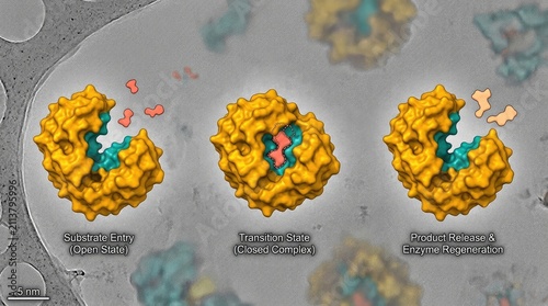 Complete catalytic cycle showcasing three sequential stages of enzyme reaction, including substrate entry into active site cleft, transition state closed complex, and final product release.