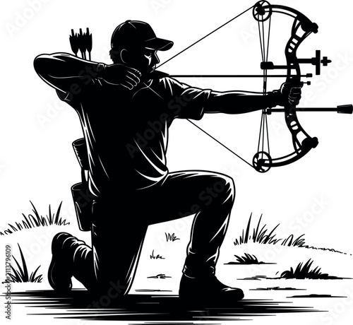 Kneeling archer aiming with compound bow, sketch vector bowhunter hunting sport landscape