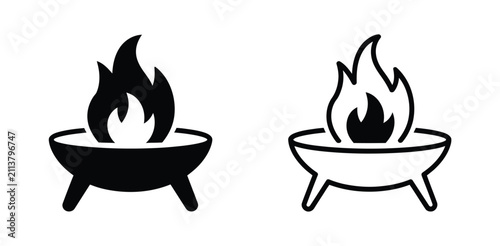 Fire pit icon set, solid and outline style symbols for camping, outdoor heating, backyard fireplaces, barbecue areas and recreation design.