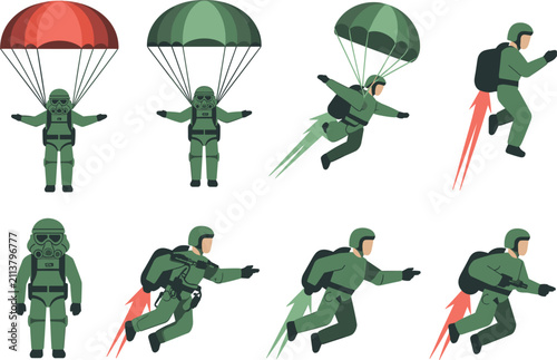 Obraz na płótnie Military paratrooper characters, futuristic soldiers with jetpacks and parachute
