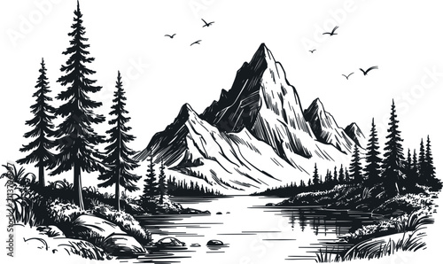 Hand drawn mountain landscape, sketch vector nature background with pine trees