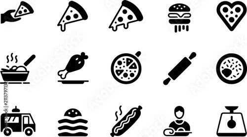 Pizza pizzeria and fast food silhouette icon set, restaurant cooking elements vector