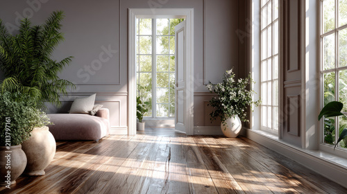 Spacious home interior presenting bright sunlight streaming through large windows and an open door. Highlighting warm wooden flooring. A luxurious pink sofa. And thriving green plants