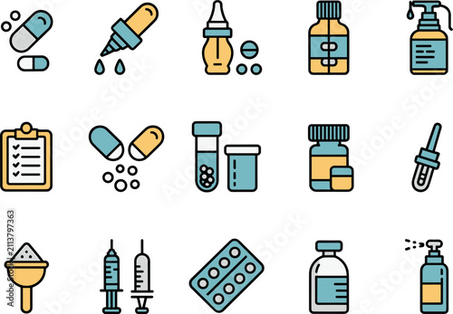 Medical pharmacy and healthcare line icon set, yellow blue treatment objects vector