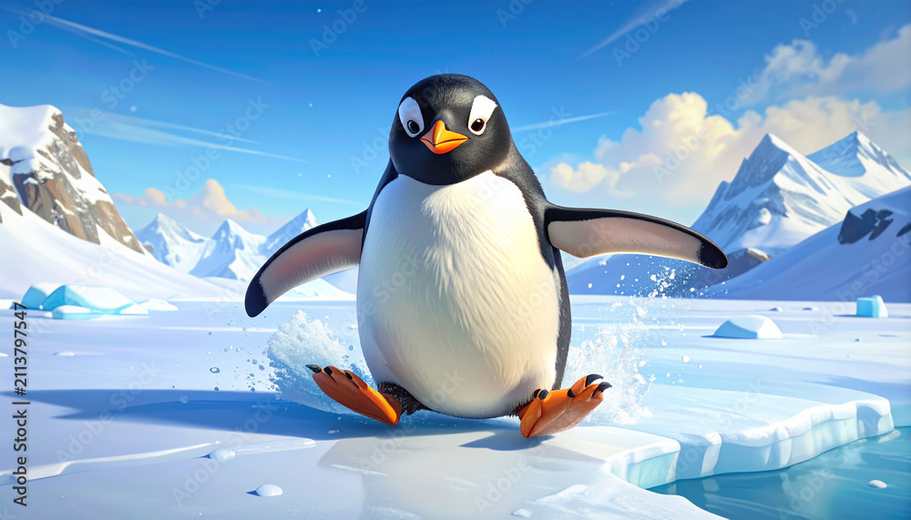 Obraz premium Cute cartoon penguin splashing in icy water on sunny day