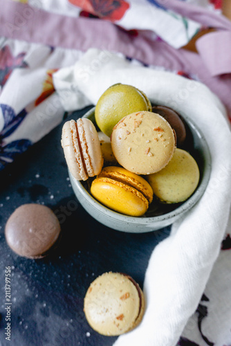 Closeup of macaroons on a wooden table