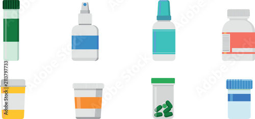 Medical medicine bottle and pill container set, flat pharmacy packaging objects vector