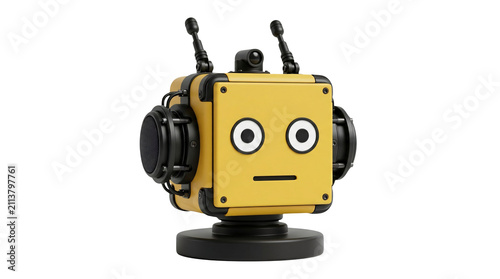 Yellow robot head character. Cute mechanical android mascot isolated on white background.