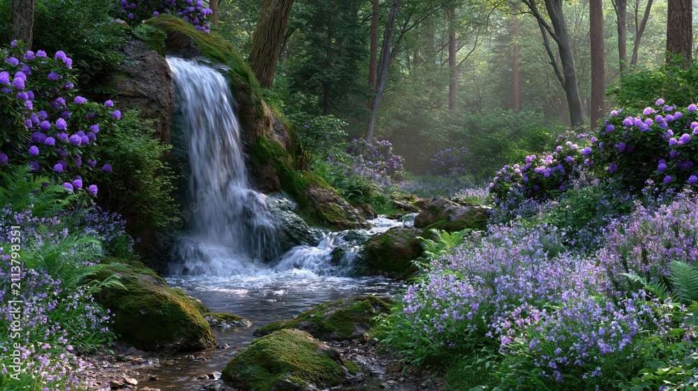 Obraz premium Water flows over a small waterfall in a forest with blooming flowers and tall trees in the background during early morning light