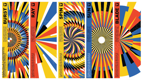Retro geometric sunburst and spiral vector set, 5 colorful abstract radial patterns, vintage pop art sun ray and spin graphics for posters