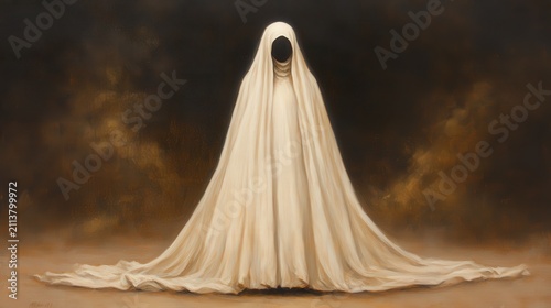 A mysterious figure draped in a flowing white cloth stands against a dark, moody backdrop, evoking intrigue and contemplation, This image can be used for themes of anonymity and the unknown,