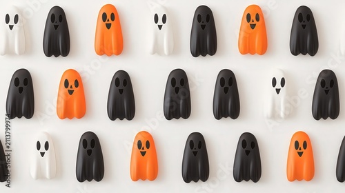 Colorful ghost decorations in a playful arrangement, perfect for Halloween-themed projects, party invites, or seasonal decor ideas, Offers a whimsical touch to any creative endeavor,