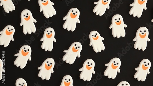 A playful pattern of smiling ghost cookies on a dark background ideal for Halloween-themed projects, party invitations, or decorative materials, Perfect for adding a festive touch to various designs,
