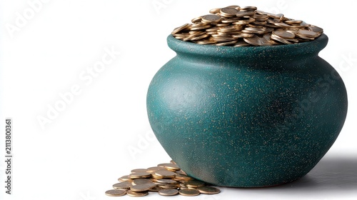 A decorative teal pot overflowing with gold coins, ideal for themes of wealth, prosperity, or savings, It can enhance financial articles, investment websites, or advertising campaigns,