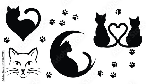 Set of black cat silhouettes including heart shapes crescent moon and paw prints on a white background