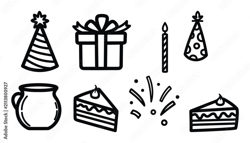 Naklejka premium Set of hand drawn birthday celebration icons featuring gift box party hats cake slices and festive confetti elements