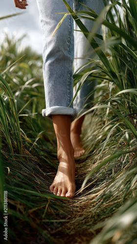 Barefoot person walking through lush green grass with rolled up jeans, experiencing freedom, connection to nature, and an active outdoor lifestyle during a peaceful summer day