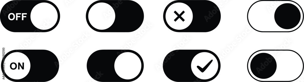 Foto Toggle switch vector icons, On Off slider buttons for mobile apps, web interfaces, settings panels, user experience design and software applications