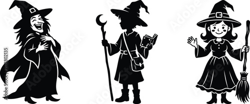 Fotografie Cute cartoon witch silhouette set halloween magic character vector