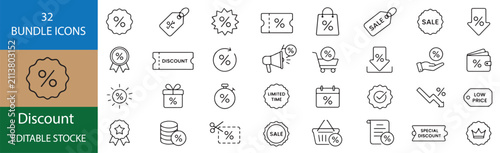 Foto 32 Discount Vector Outline Icons Set – Editable Black Line Sale, Coupon, Price T