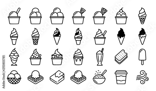 Fotografie Elegant Minimal Ice Cream Scoop and Soft Serve Black White Vector Icon Collectio
