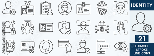 Identity Line Icon Set. 21 Editable Stroke Icons of User Verification, Biometric Security, ID Card Access, Facial Recognition, Fingerprint Scan, Privacy, and Account Symbols. Vector Graphic.