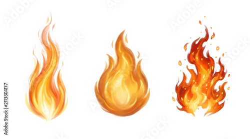 Set of three stylized fire flames with different shapes and intensity isolated on transparent background