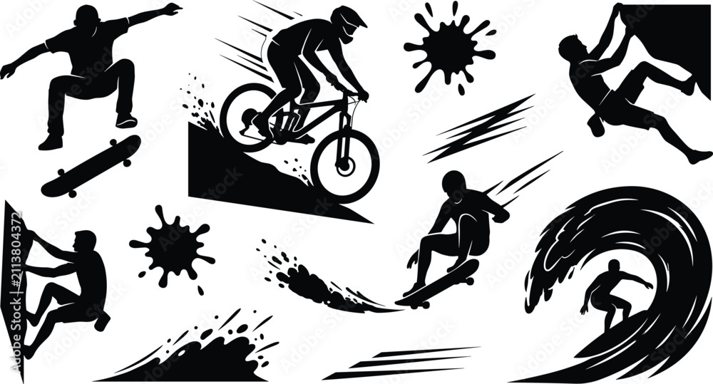 Fototapeta premium Extreme Sports Silhouette Vector Set with Mountain Biking, Skateboarding, Surfing, Rock Climbing, and Splatter Elements for Action Graphic Designs