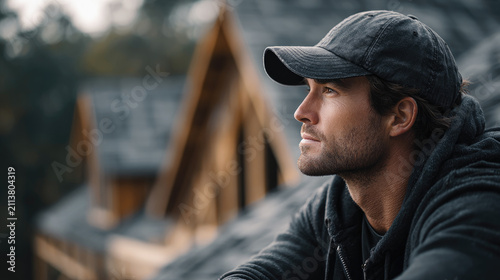 Homeowner facing roof leak problem, contemplating solutions for potential structural damage, a man thinking about maintenance, repair, and property insurance concerns