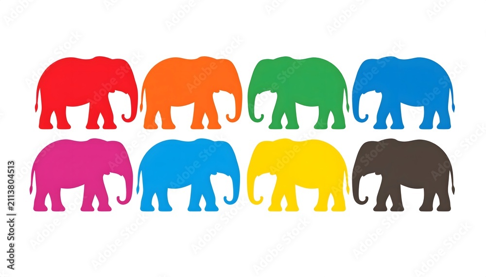 Fototapeta premium Colorful Elephant Vector Set in Flat Design Isolated on White Background