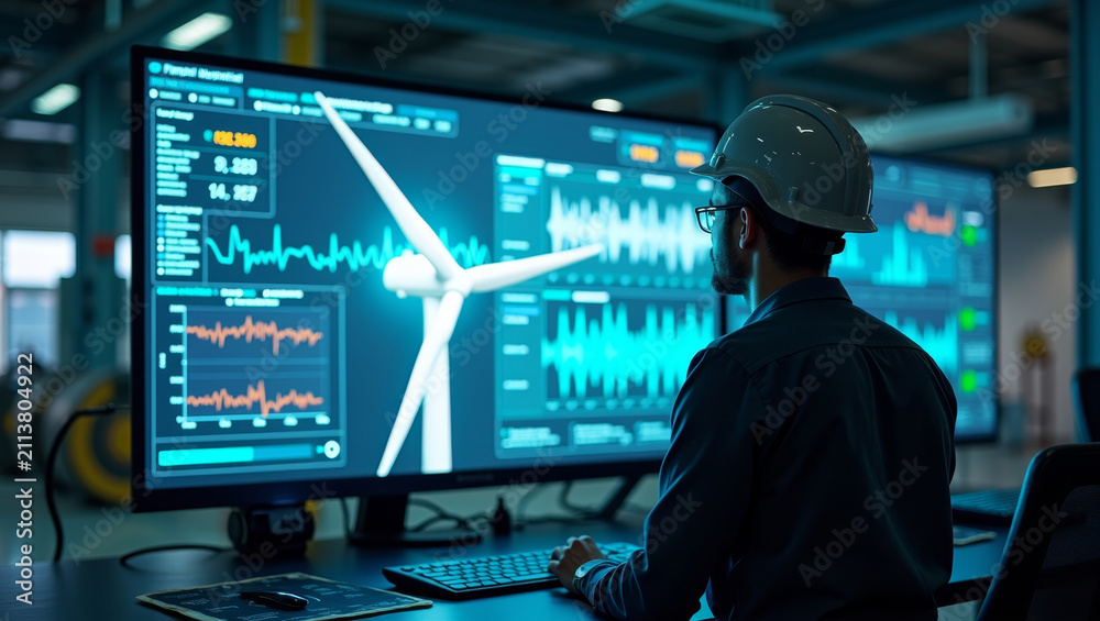 Fototapeta premium Engineer monitoring wind turbine data on a futuristic digital dashboard