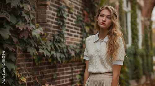 Casual street portrait of a young woman in a preppy short sleeve knit and pleated skirt with ivy covered brick background for seasonal lookbook