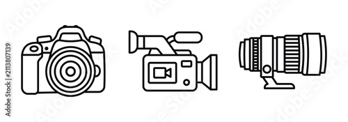 Konstfotografi Set of camera icons, including a dslr camera, a professional video camcorder, an