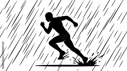 Foto Dynamic silhouette of an athlete running through a heavy downpour, showcasing re