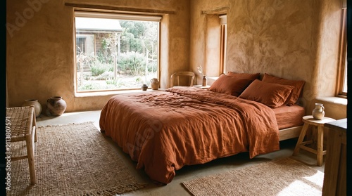 Spacious rustic bedroom with warm terracotta linens, natural clay plaster walls, and handcrafted pottery on wooden stools