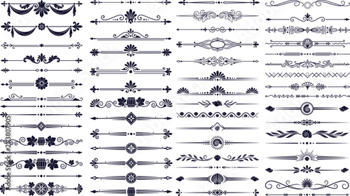 Set of elegant decorative page dividers, book decorations, borders, calligraphic design elements.