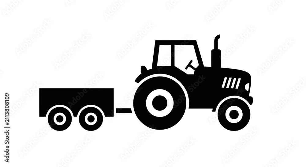Fototapeta premium Vector illustration of silhouette of a tractor with a trailer on a transparent background