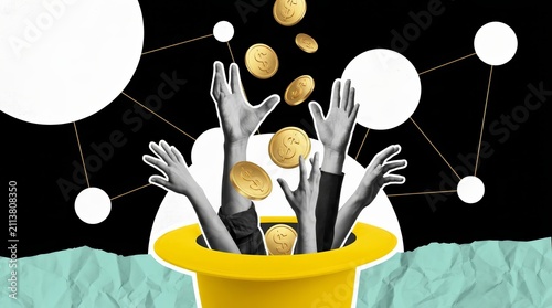 Abstract finance and economy concept featuring golden coins and hands in a collage style.