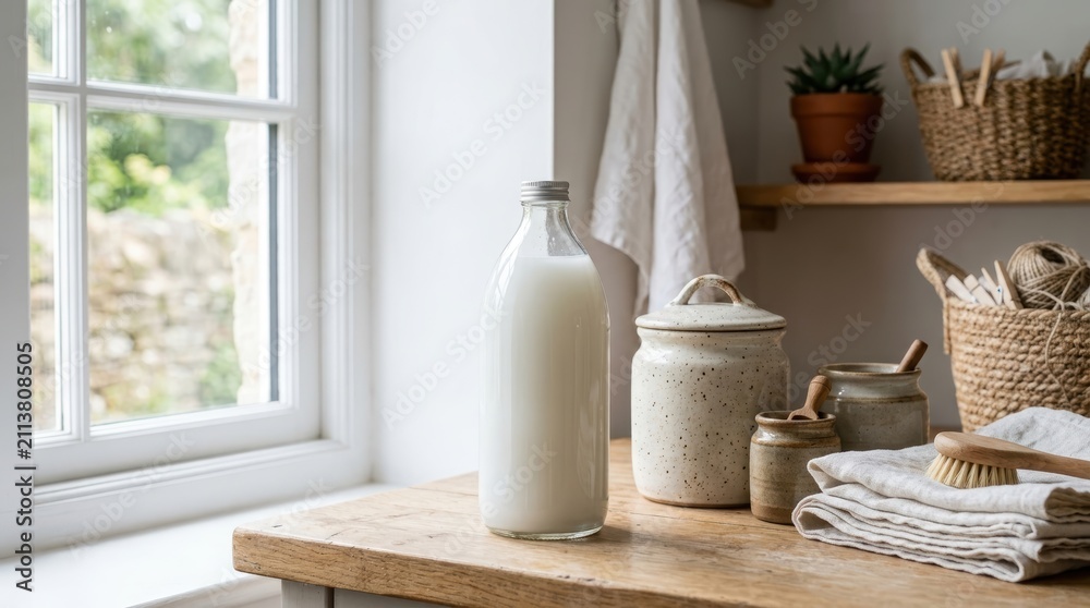 Obraz premium Glass bottle filled with liquid laundry starch on a wooden table. Household supplies for garment care and ironing.